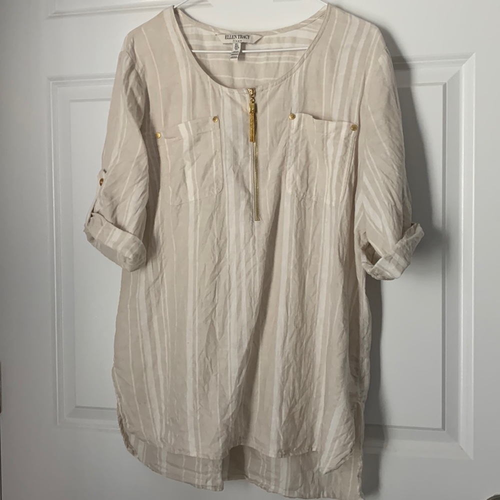Ellen Tracy 100% linen Tassel Zip up blouse